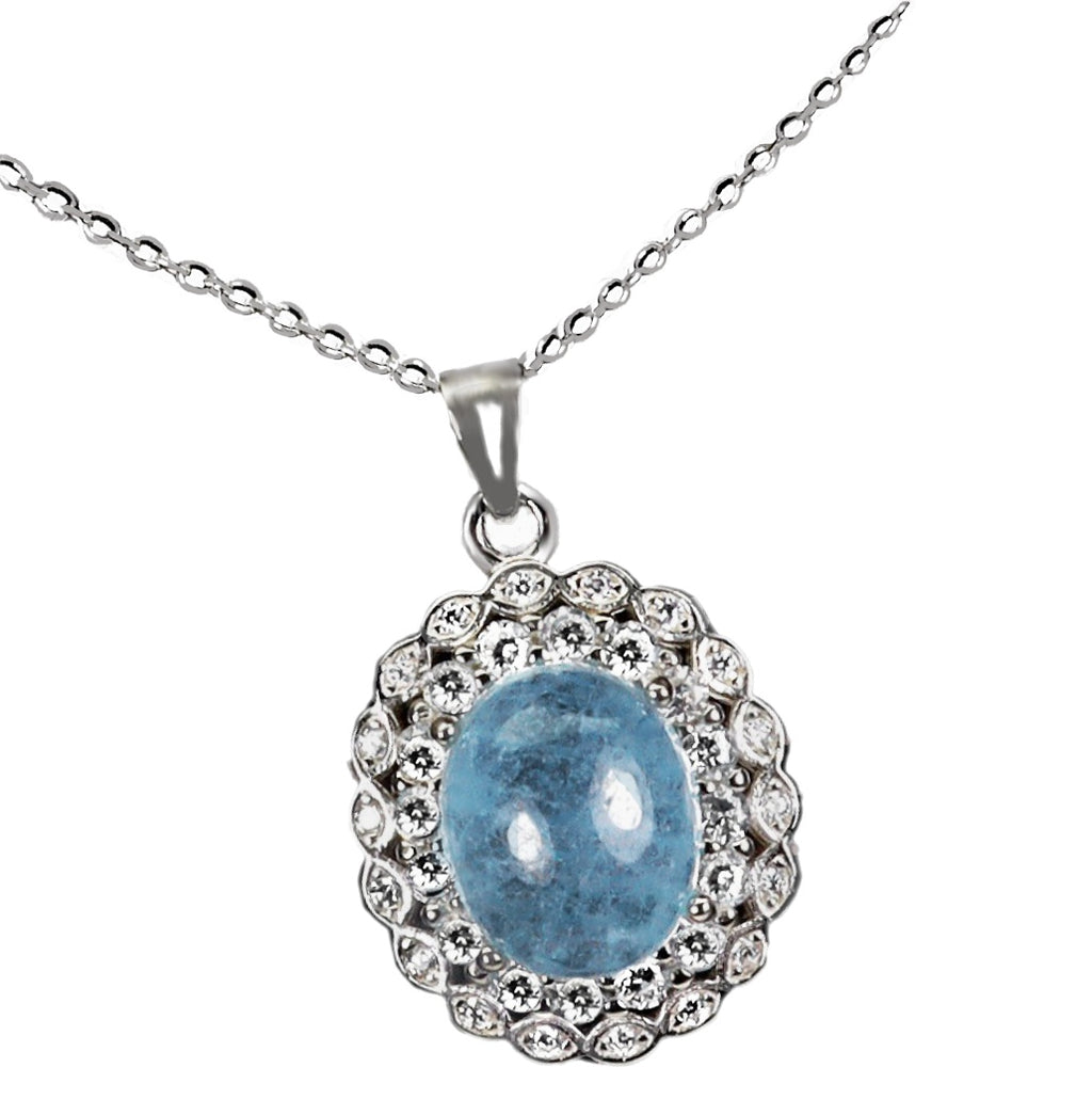 Deluxe Unheated Aquamarine Oval and White CZ Gemstone Solid .925 Sterling Silver Necklace