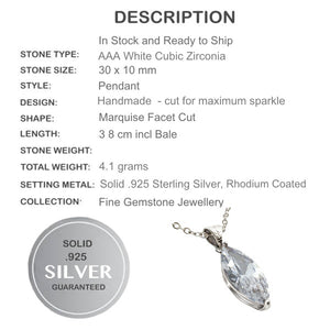 Marquise Shape AAA White Cubic Zirconia Pendant .925 Solid Sterling Silver - BELLADONNA