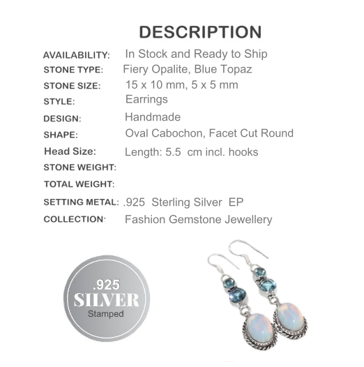 Opalite Oval and Blue Topaz Gemstone .925 Sterling Silver Earrings - BELLADONNA