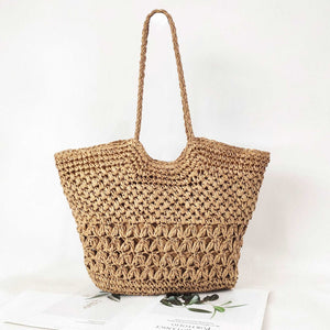 Handmade Openwork Crocheted Straw Fully Lined Shopping Bag Vacations, Beach in Two Natural Tones