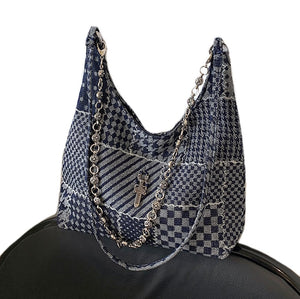 Versatile Personality Patch Denim Fashion Shoulder Handbag - BELLADONNA