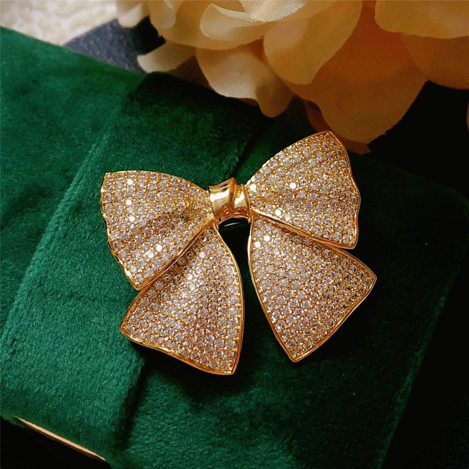 Feminine White Cubic Zirconia Gold Bow Brooch Pin for Dresses, Coat or Scarf
