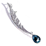 White Cubic Zirconia Feather Brooch with Drop Dangle Pear Gemstone in Silver and Blue or Gold and Rose Red - BELLADONNA