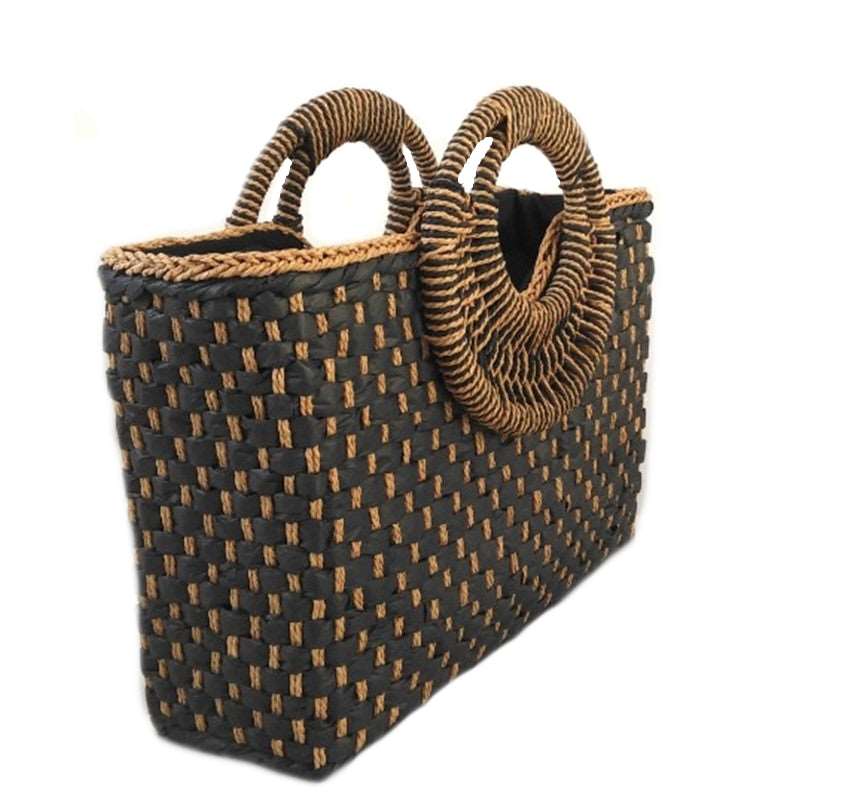 Hand Woven Wooden Handle Fully Lined Straw Beach Handbag - BELLADONNA