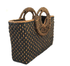 Hand Woven Wooden Handle Fully Lined Straw Beach Handbag - BELLADONNA