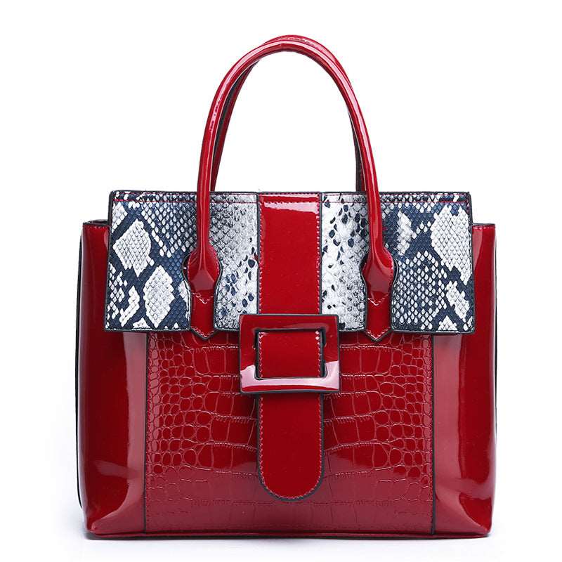High End Leather Mirror Finish Snake Pattern Accent Handbag  in 4 Desirable Colours - BELLADONNA