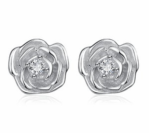 Dainty Rose with White Cubic Zirconia 925 Sterling Silver Stud Earrings - BELLADONNA