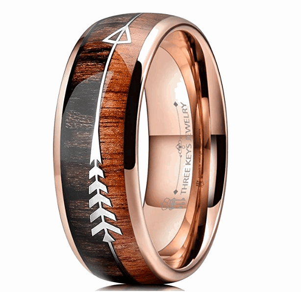 Natural Black Tungsten Dome Ring with Koa Wood And Feathered Arrow Wedding Band Comfort Fit - BELLADONNA