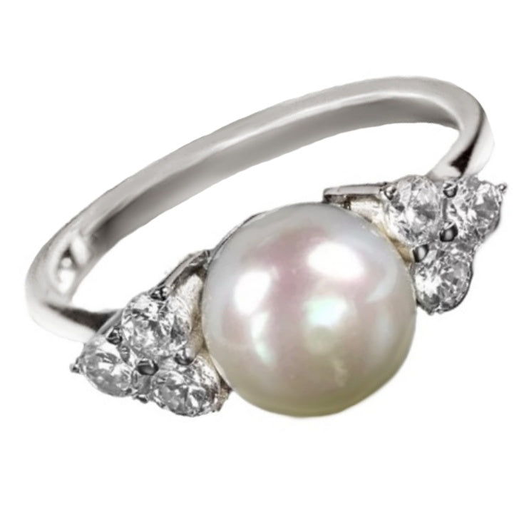 Natural Unheated White Pearl, White Cz Solid .925 Silver Size US 6 or M