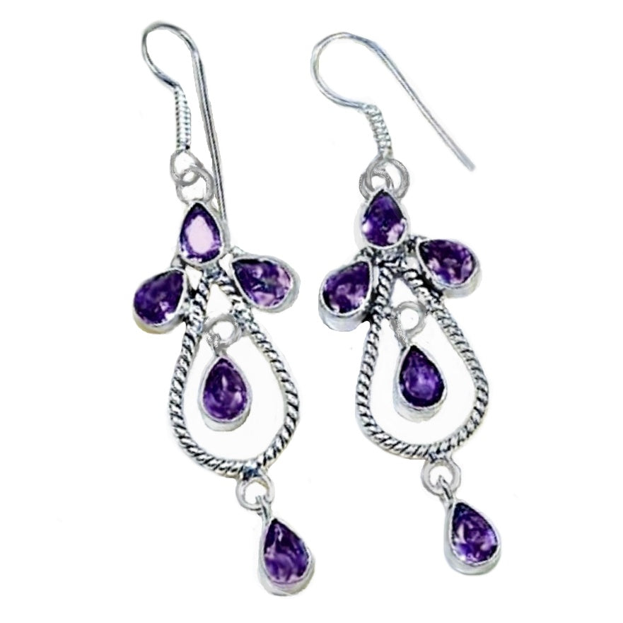 Handmade Chandelier Style Purple Amethyst Drop Dangle .925 Silver Earrings