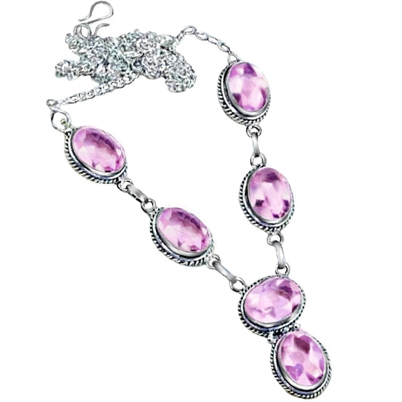 Exquisite Faceted Pink Topaz Oval Gemstones .925 Silver Necklace