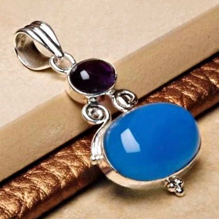 Handmade Dainty Blue Chalcedony and Purple Amethyst Gemstone 925 Sterling Silver Pendant