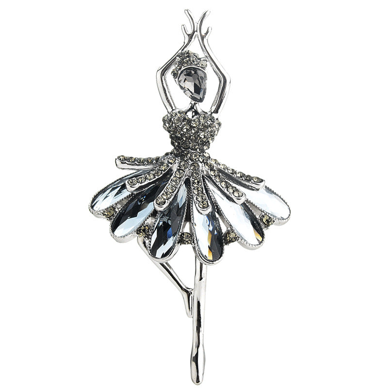 Enchanting Black Cubic Zirconia and Crystals Ballerina Silver Brooch Pin - BELLADONNA