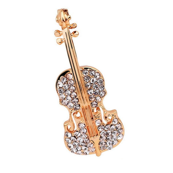 Exquisite Mini Violin with White Cubic Zirconias Brooch in Silver or Gold - BELLADONNA