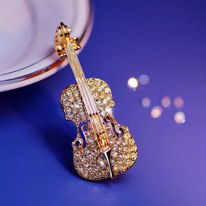 Exquisite Mini Violin with White Cubic Zirconias Brooch in Silver or Gold