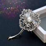 White Cubic Zirconia and Pearl Dandelion Brooch in Silver For Jacket, Scarf or Shawl - BELLADONNA
