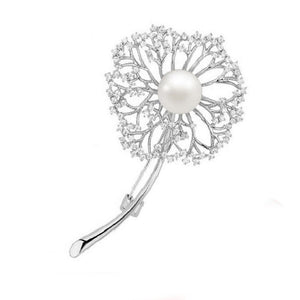 White Cubic Zirconia and Pearl Dandelion Brooch in Silver For Jacket, Scarf or Shawl - BELLADONNA