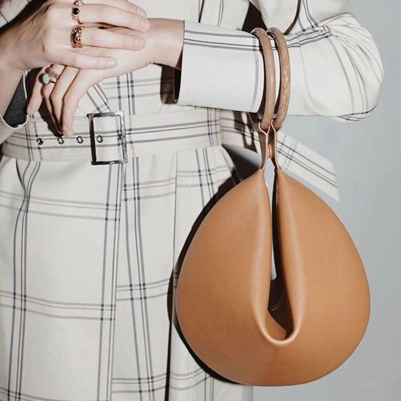 Elegant and Stylish Fortune Cookie Style with Ring Bangle Handles Handbag in Camel Brown - BELLADONNA