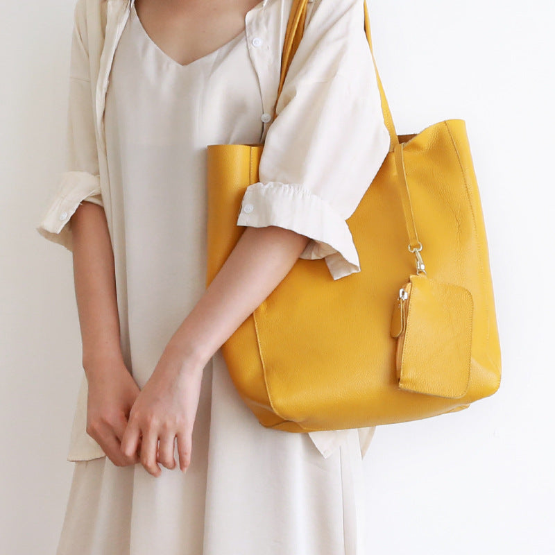 50% OFF Trendy Genuine Leather Tote Handbag in Sunny Yellow - BELLADONNA