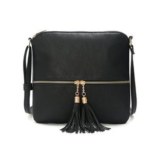 Fashionable Double Fringe Front Zipper Pocket Diagonal Shoulder Bag in 8 Assorted Colours - BELLADONNA