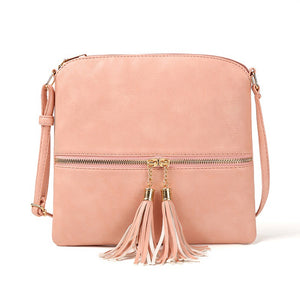Fashionable Double Fringe Front Zipper Pocket Diagonal Shoulder Bag in 8 Assorted Colours - BELLADONNA