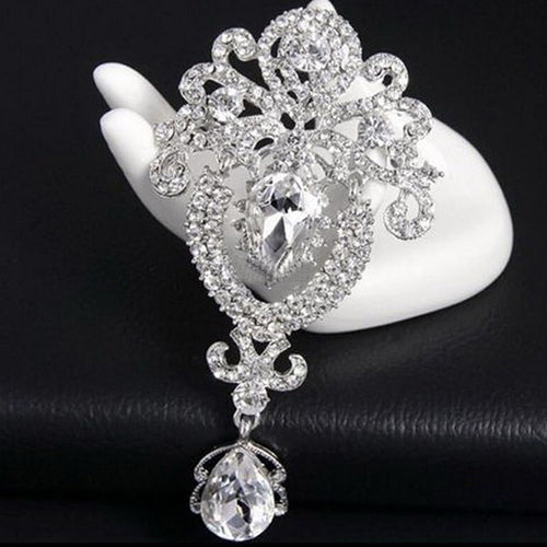 Elegant Antique Style Crystal Crown Drop Dangle Brooch - BELLADONNA