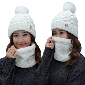 Cable Knit Winter Warm Wool and Fleece and Snood and Hat Set from Korea - BELLADONNA