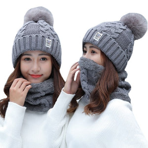 Cable Knit Winter Warm Wool and Fleece and Snood and Hat Set from Korea - BELLADONNA