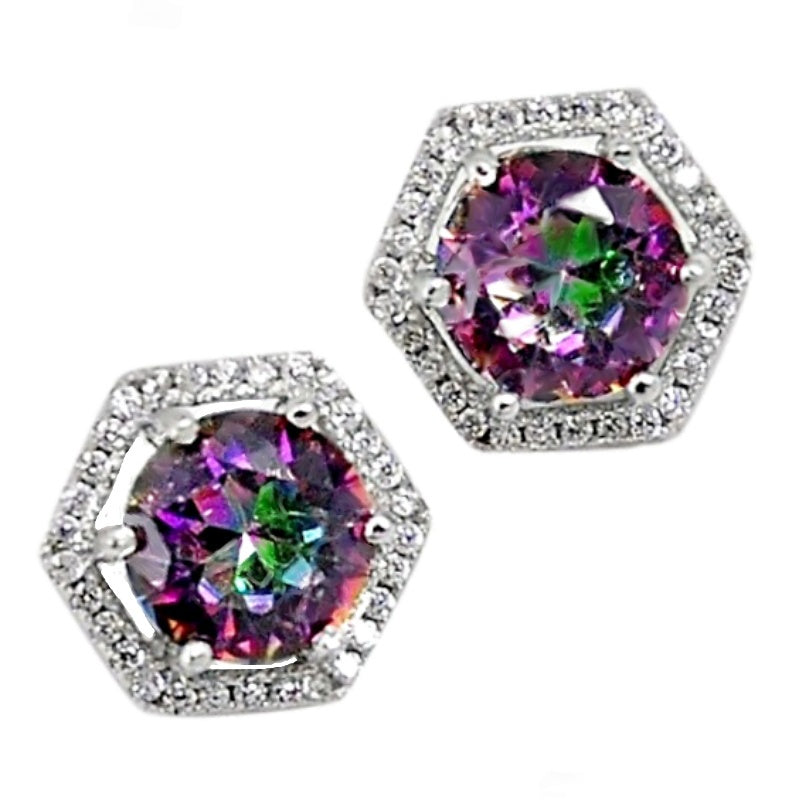 Natural Rainbow Mystic Topaz, White Topaz Stud Earrings In Solid .925 Sterling Silver