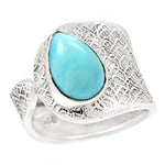 Natural Caribbean Larimar Pear Shape Gemstone in Solid .925 Sterling Silver Ring Size 8 / Q