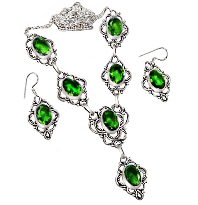 Faceted Peridot Gemstone in an Intricate Setting .925 Silver Necklace & Earrings Set