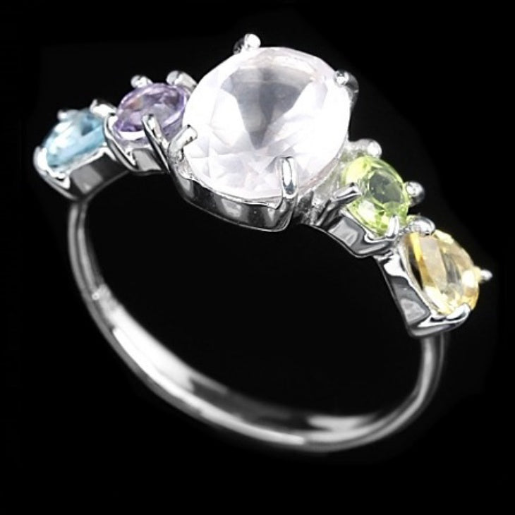 Earth Mined Genuine Stones Rose Quartz, Multi-Gem Solid.925 Sterling Silver Ring Size 6.75