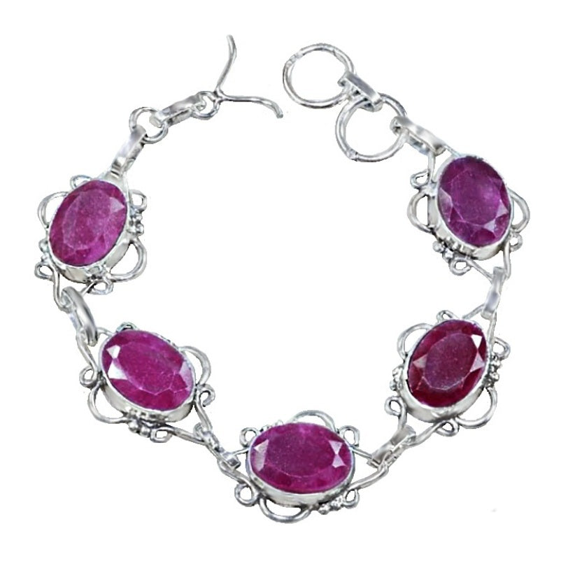 Handmade Indian Cherry Red Ruby in .925 Silver Bracelet