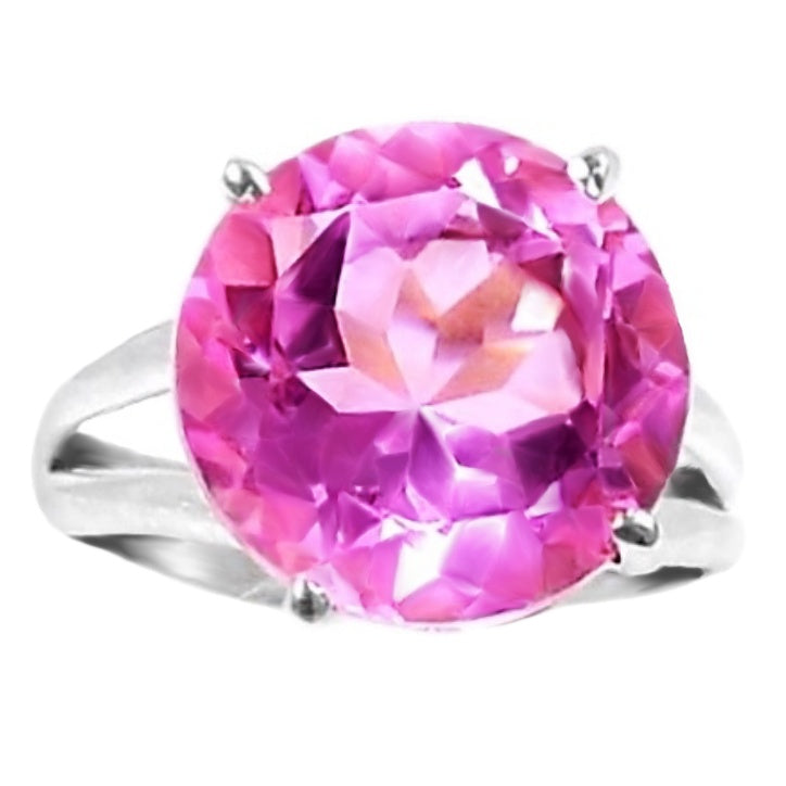 14 mm Round Pink Topaz Gemstone Solid.925 Sterling Silver Ring Size US10 or UK T