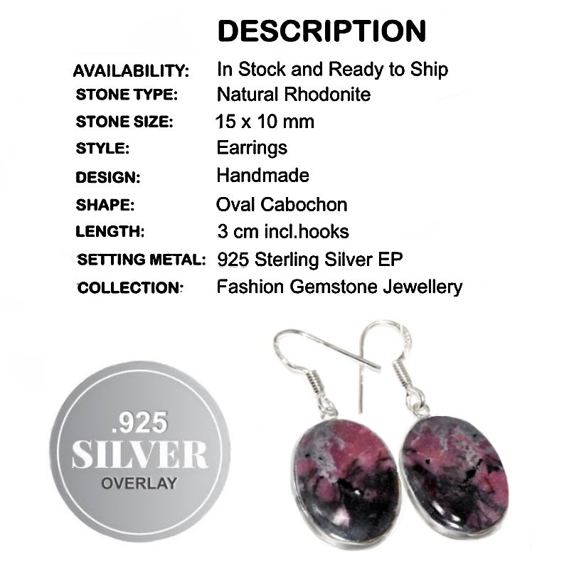 Natural Rhodonite Oval Gemstone .925 Silver Earrings