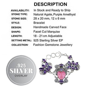 Carved Face Agate, Purple Amethyst Gemstone .925 Sterling Silver Bracelet