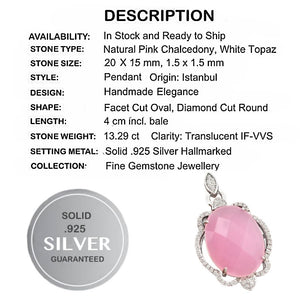 13.29 ct Pink Chalcedony, White Topaz Pendant Solid.925 Sterling Silver