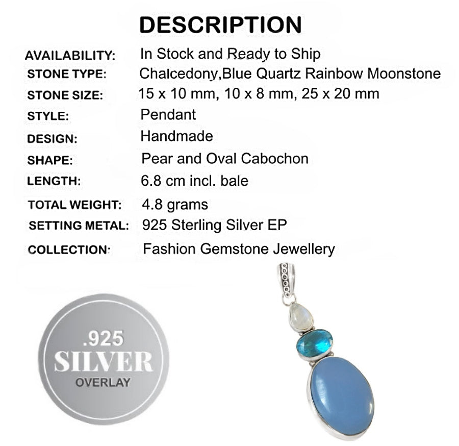 Blue Chalcedony, Rainbow Moonstone, Topaz .925 Sterling Silver Pendant