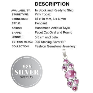 Handmade Mixed Shapes Pink Topaz Gemstones .925 Silver Pendant