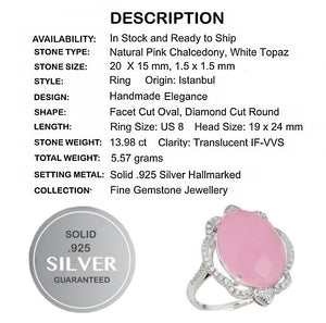 Turkey - Istanbul 13.98 cts Faceted Pink Chalcedony, White Topaz Solid.925 Sterling Silver Ring Size 8