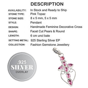 Indonesian -Bali Faceted Pink Topaz Gemstone .925 Silver Cross Pendant