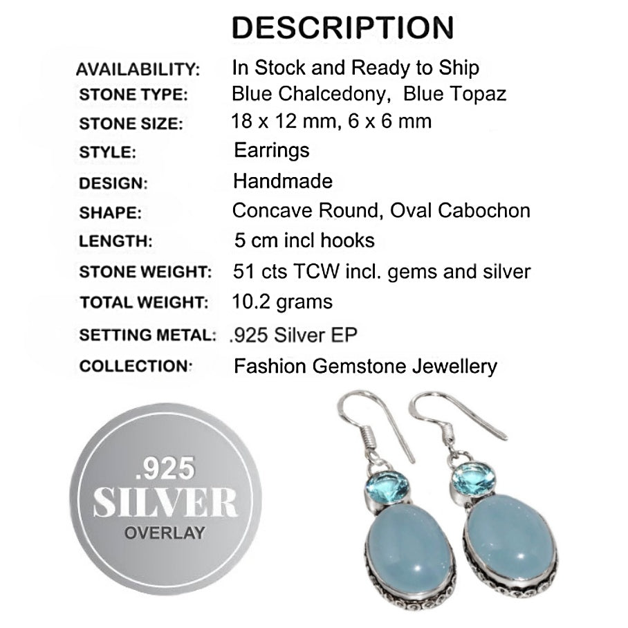Aqua Blue Chalcedony Oval , Blue Topaz Gemstone,.925 Sterling Silver Earrings