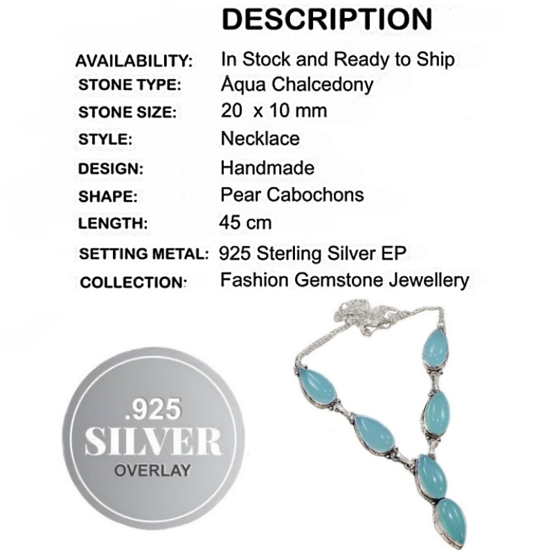 Dainty Handmade Aqua Chalcedony Marquise Shape Gems .925 Silver Necklace