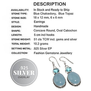 Aqua Blue Chalcedony Oval , Blue Topaz Gemstone,.925 Sterling Silver Earrings
