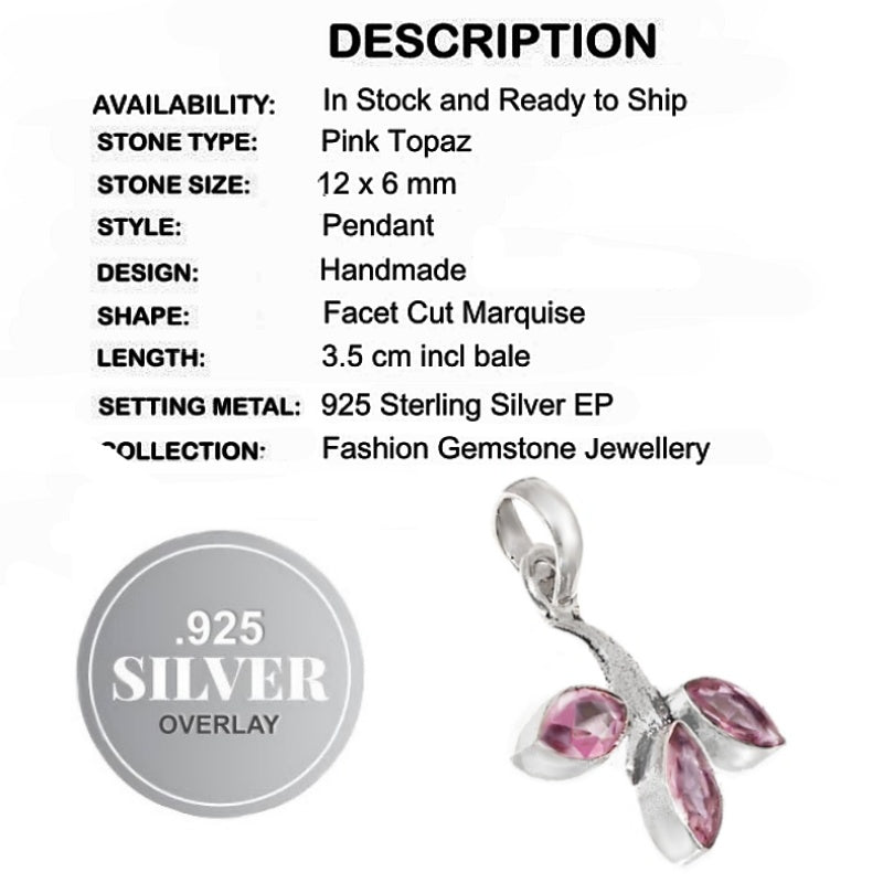 Charming Dainty Handmade Pink Topaz Gemstone .925 Silver Pendant
