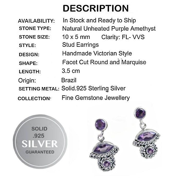 Handmade Dainty Purple Amethyst Stud Earrings In Solid .925 Sterling Silver