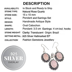 Natural Pink Rose Quartz Oval .925 Sterling Silver Pendant and Earrings Set