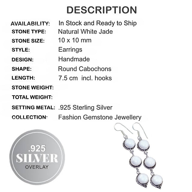 Long White Jade Gemstone .925 Sterling Silver Earrings - BELLADONNA
