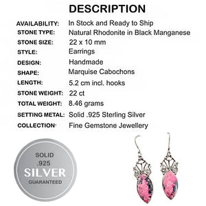 22 cts Natural Rhodonite in Black Manganese Gemstone Solid .925 Silver Earrings