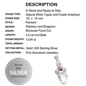 13.84 Cts Natural Purple Amethyst, White Topaz Pendant .925 Solid Sterling Silver